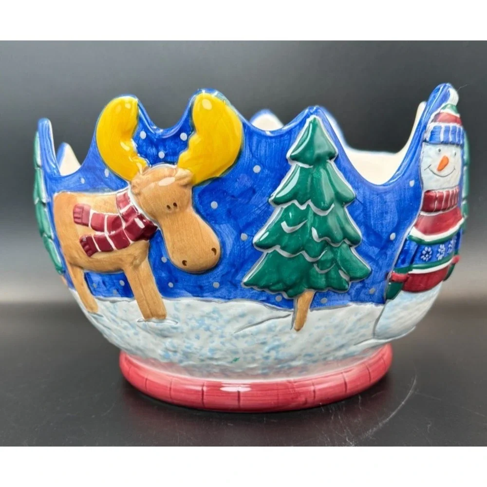 1998 St. Nicholas Square Christmas Winter Friends Bowl Snowman Moose - VTG